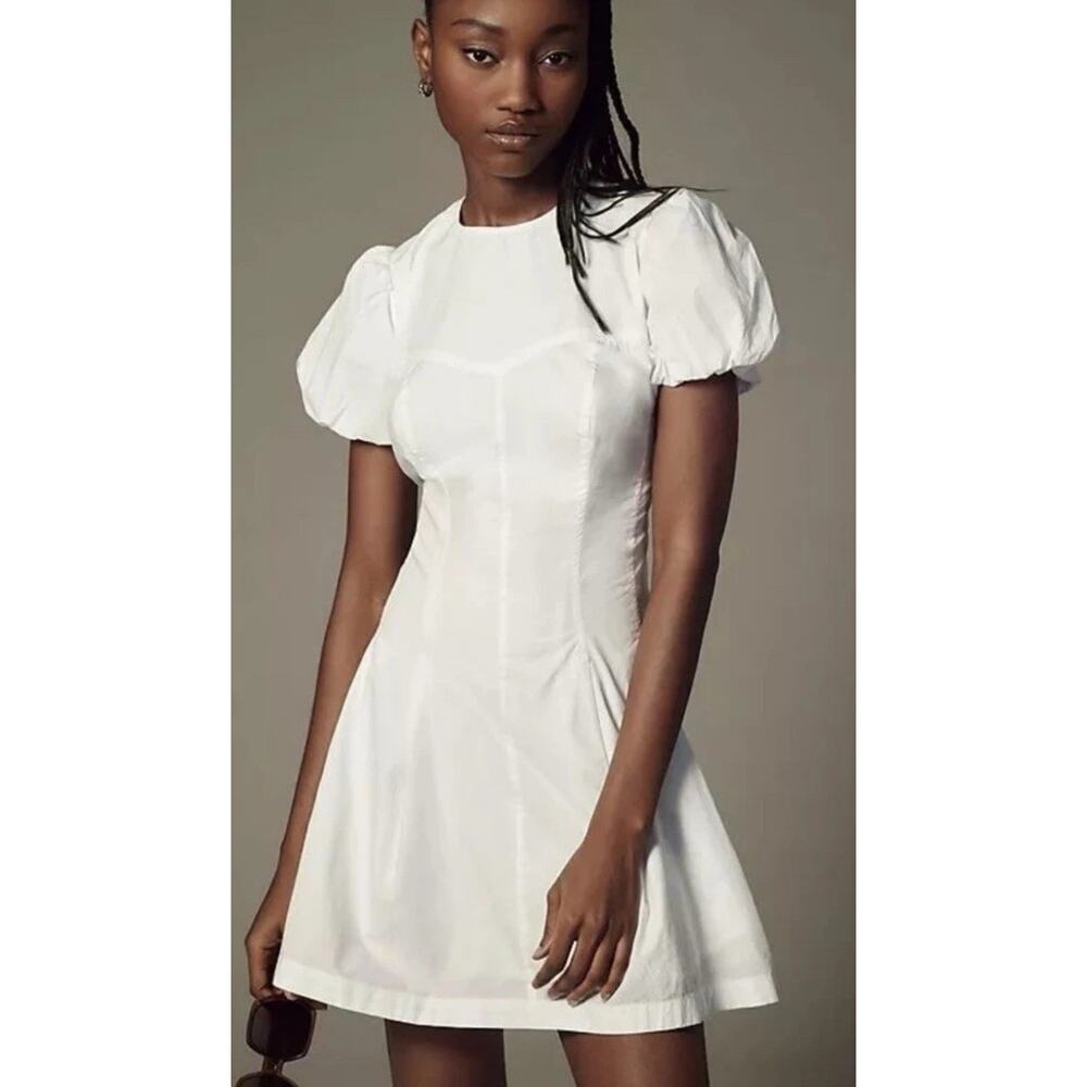 Anthropologie Maeve Puff-Sleeve White Mini Dress Size L Baby Doll Coastal Party